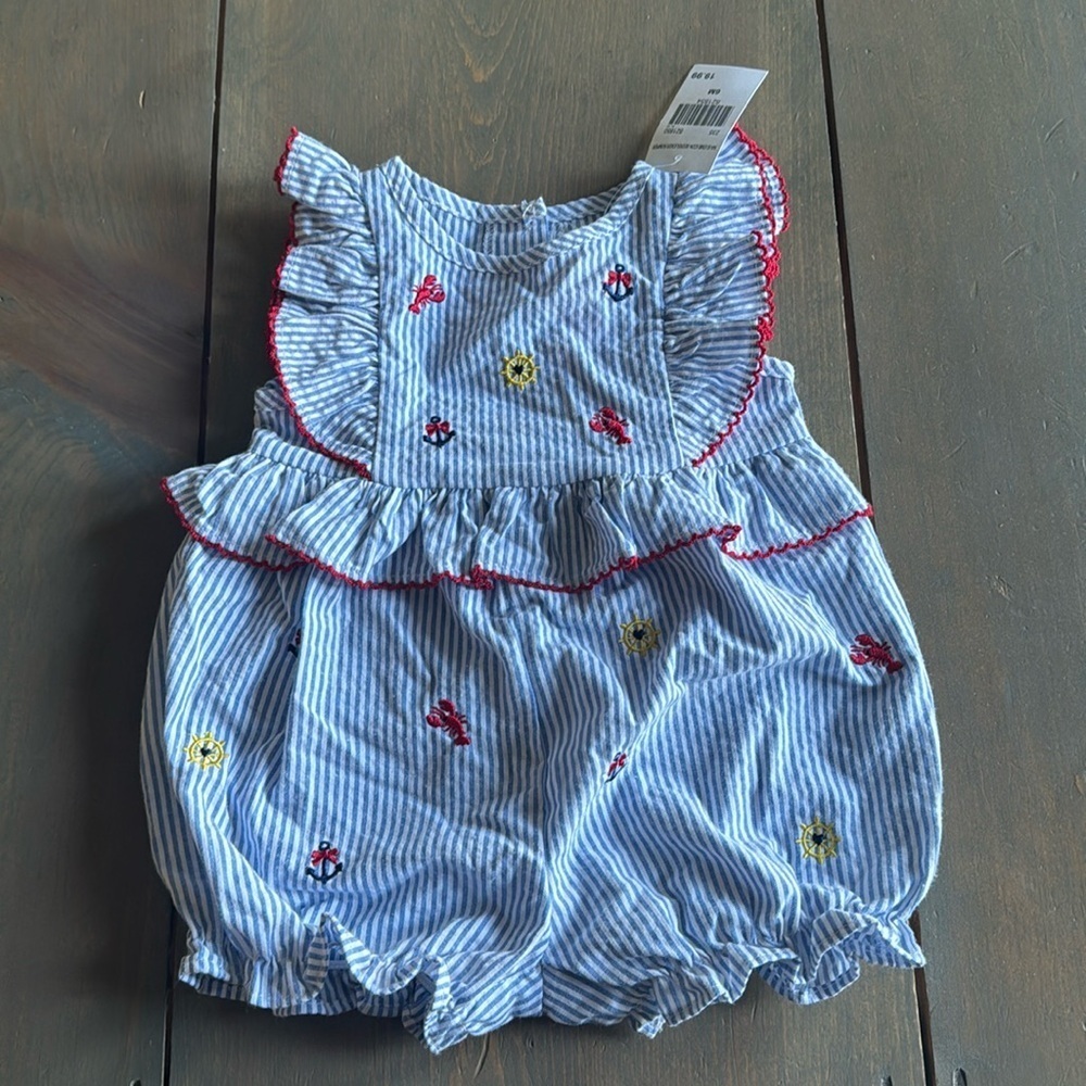NWT Good Lad Costal Nautical Seersucker Romper Bubble 6/9